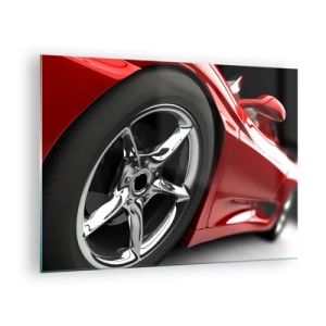 Billede på glas - Detalje af en rød sportsvogn med forkromet fælg - 70x50cm - Lavet til fart - Moderne vægdekoration til stue og soveværelse ARTTOR