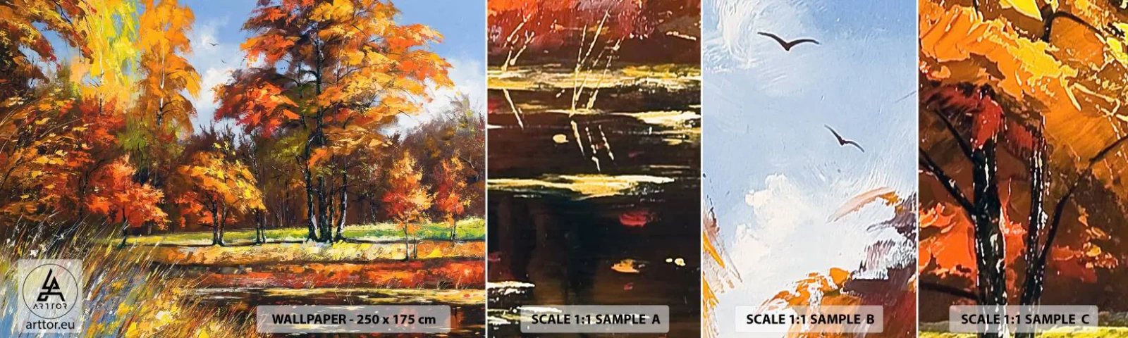 Fototapet Prøve Standard Eco - Landskab i guld og bronze - Landskab, Skov, impressionisme - 100x30 cm