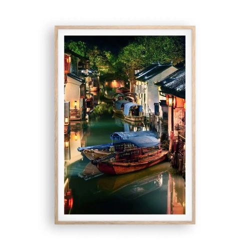 Plakat i ramme af lyst egetræ - En aften på en kinesisk gade - 70x100 cm