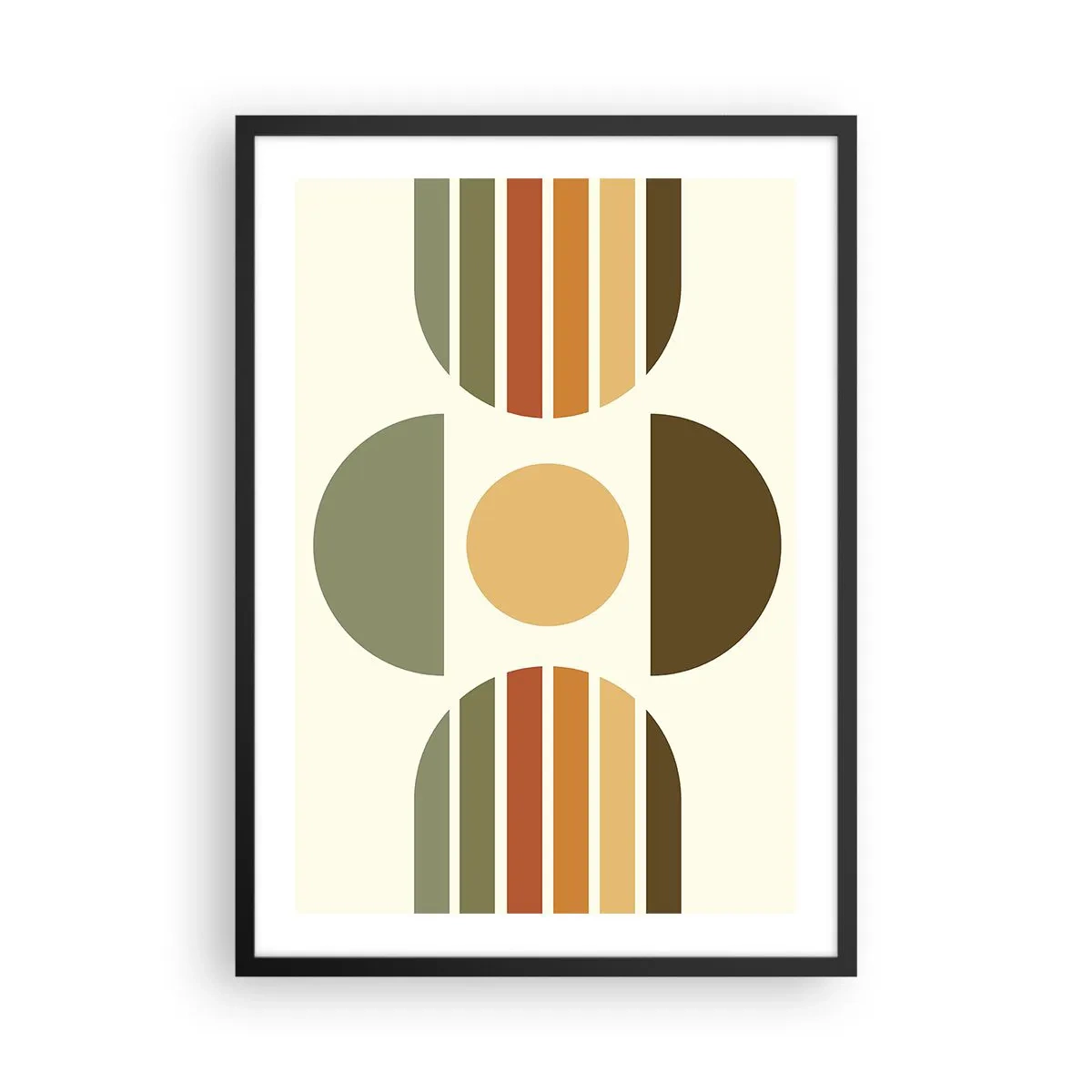 Plakat i sort ramme - Abstrakt geometrisk mønster i jordfarver med cirkler og halvcirkler - 50x70cm - I jordfarver - Moderne vægdekoration til stue og soveværelse ARTTOR