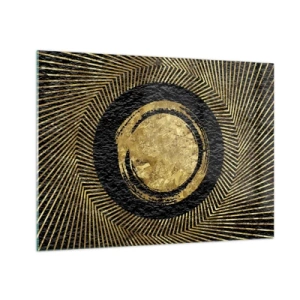 Billede på glas - Gylden cirkel med stråler på en sort baggrund i glamourøs stil - 70x50cm - Glamour-komposition - Moderne vægdekoration til stue og soveværelse ARTTOR