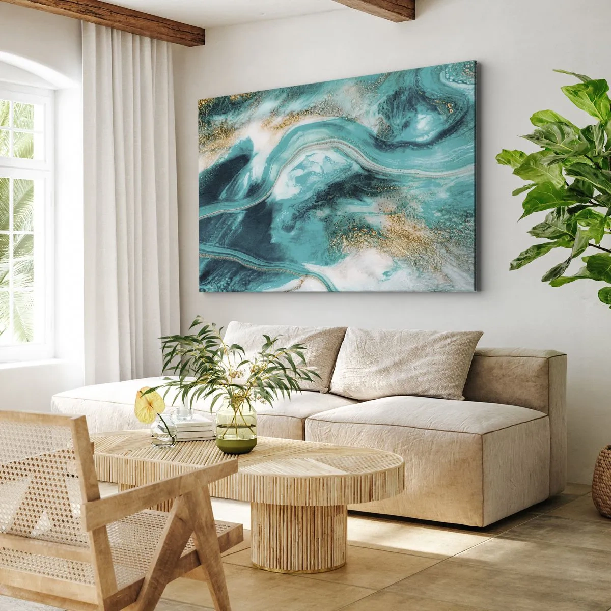 Lærredstryk - Billede på lærred - Turkis abstraktion med hvide og guld accenter - 70x50cm - Flod af guld - Moderne vægdekoration til stue og soveværelse ARTTOR