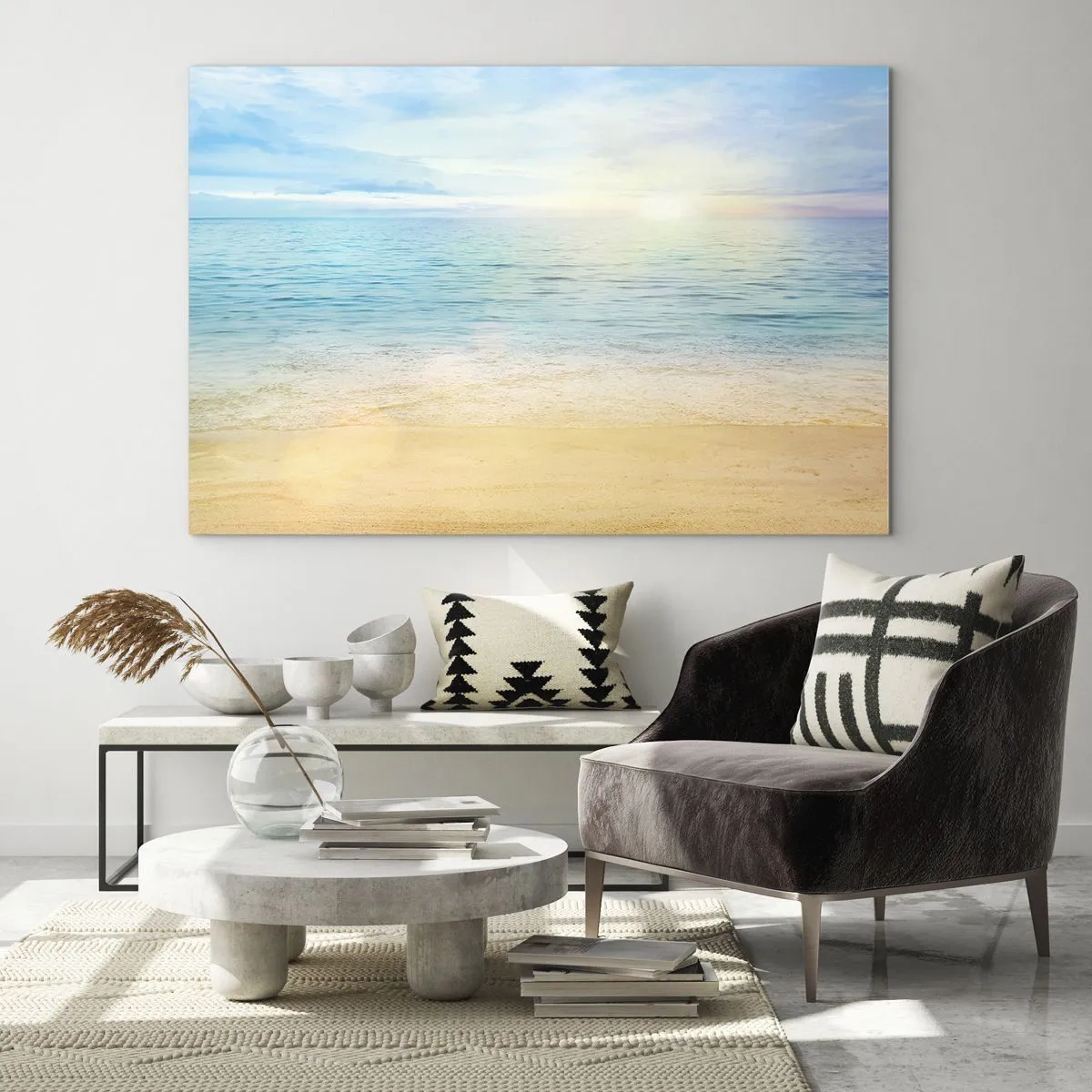 Billede på glas - En solrig strand med azurblåt hav og himmel - 70x50cm - Det store blå - Moderne vægdekoration til stue og soveværelse ARTTOR