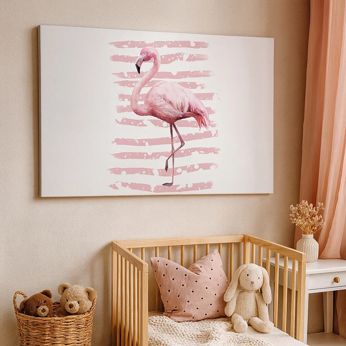 Lærredstryk - Billede på lærred - Flamingo på en lyserød baggrund i minimalistisk stil - 70x50cm - Med værdighed, om end i pink - Moderne vægdekoration til stue og soveværelse ARTTOR