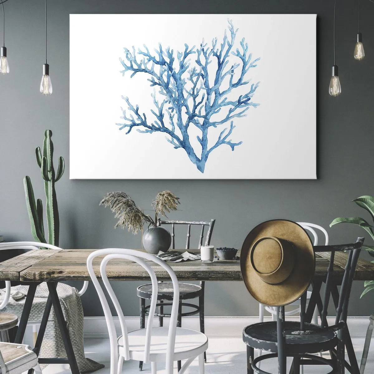 Lærredstryk - Billede på lærred - Blå koral på en hvid baggrund med et minimalistisk præg - 70x50cm - Marint filigran - Moderne vægdekoration til stue og soveværelse ARTTOR