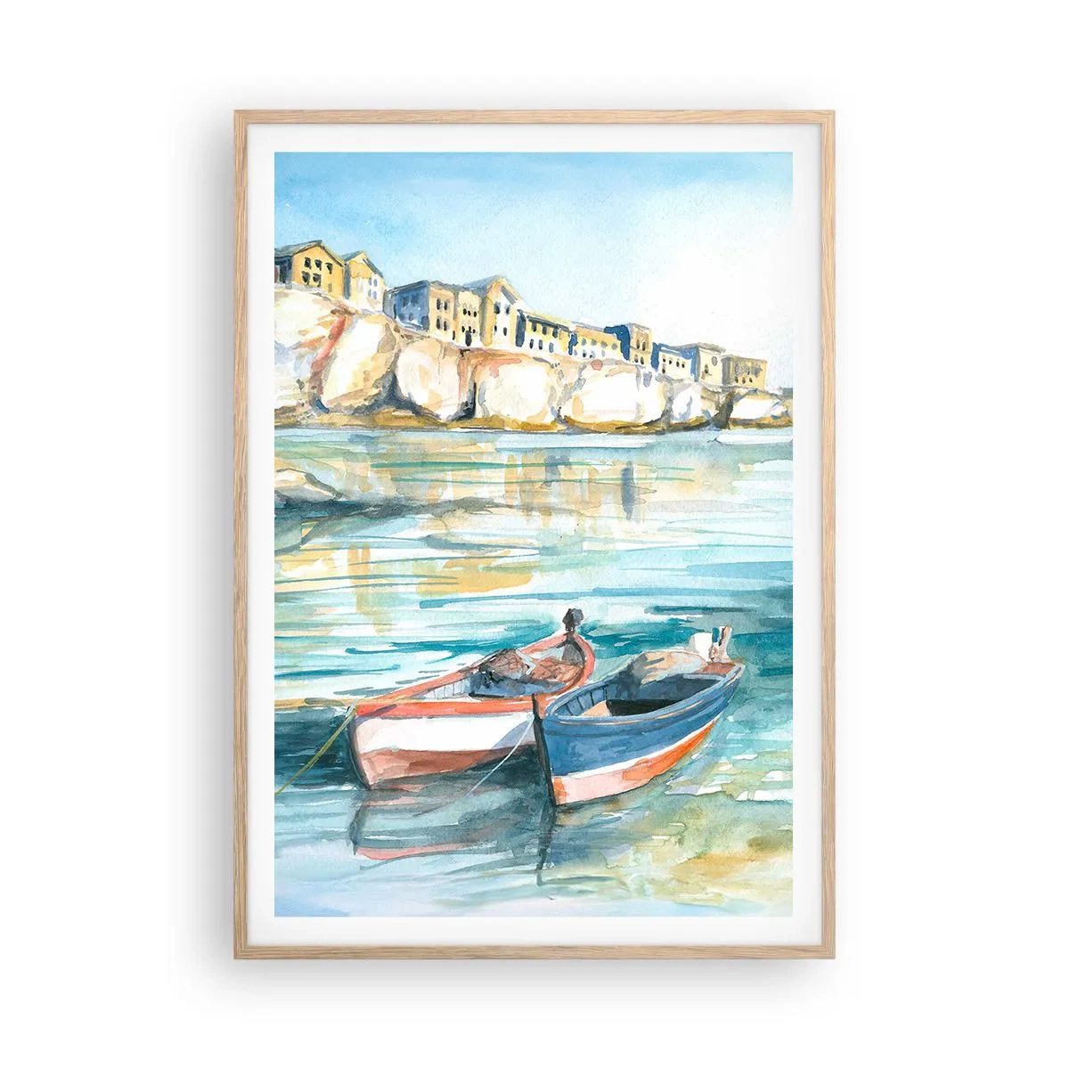 Plakat i ramme af lyst egetræ - Landskab i azurblå - 70x100 cm