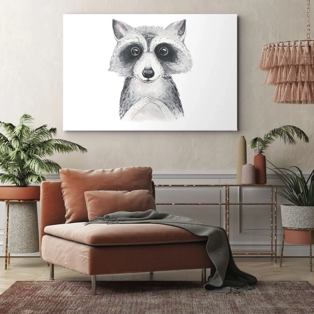Lærredstryk - Billede på lærred - Yndigt portræt af en vaskebjørn på en hvid baggrund - 70x50cm - Et øjeblik til at trække på skuldrene - Moderne vægdekoration til stue og soveværelse ARTTOR