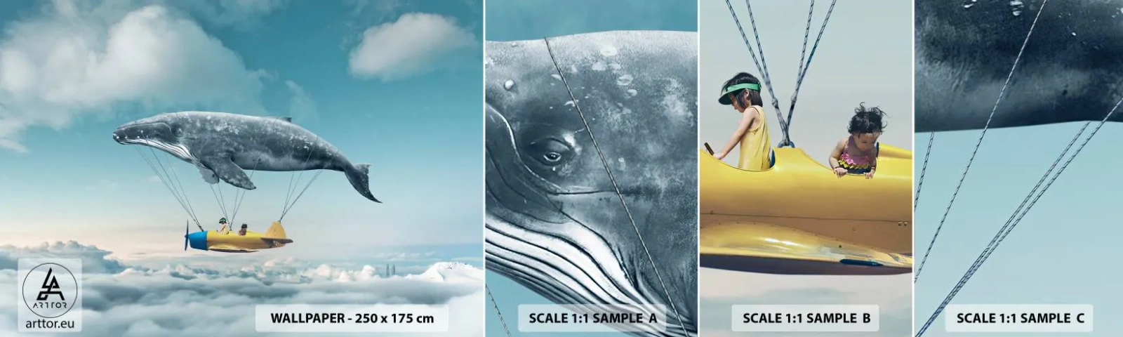 Fototapet Prøve Standard Eco - Hvorfor ikke? - Hval, Børn, Fly - 100x30 cm