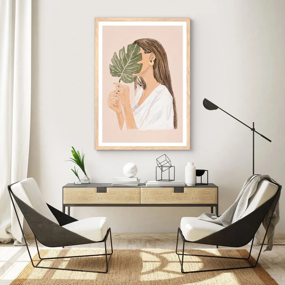 Plakat i ramme af lyst egetræ - Mystisk portræt med en vifte - 70x100 cm