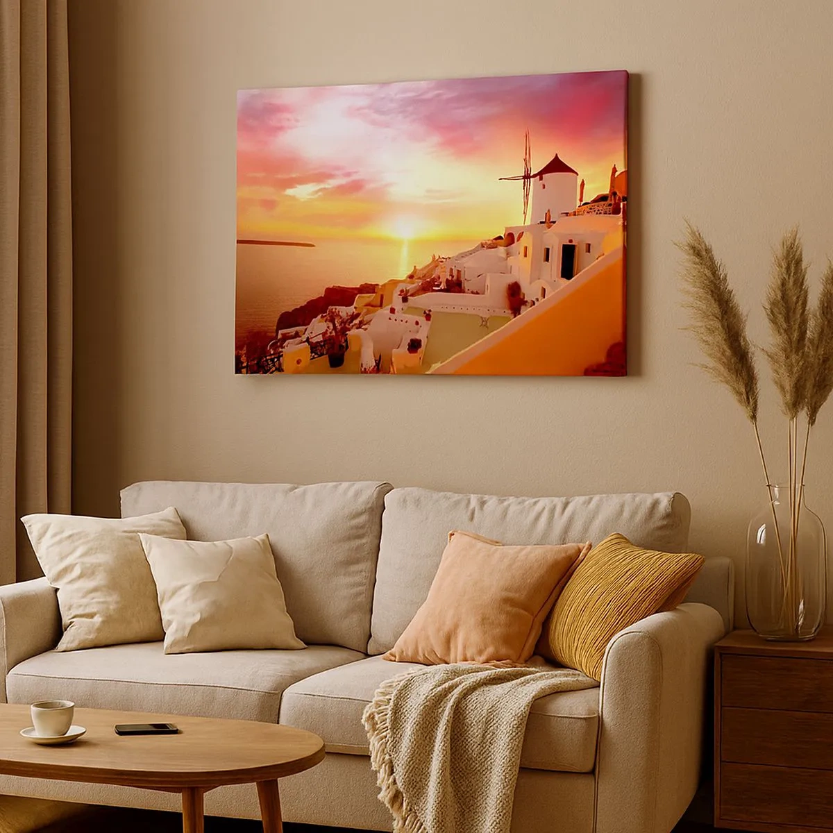Lærredstryk - Billede på lærred - Santorini ved solnedgang med en vindmølle - 70x50cm - Opløses i hvidt og guld - Moderne vægdekoration til stue og soveværelse ARTTOR