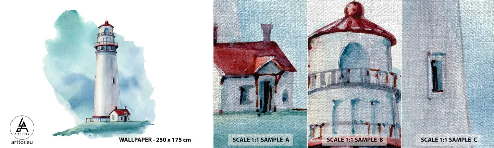 Prøve Fototapet Premium Canvas - Det blås blide søster - Fyrtårn, Ved havet, Tegning - 100x30 cm