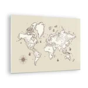 Billede på glas - Et stiliseret verdenskort i en klassisk version - 70x50cm - En rejse rundt om i verden - Moderne vægdekoration til stue og soveværelse ARTTOR