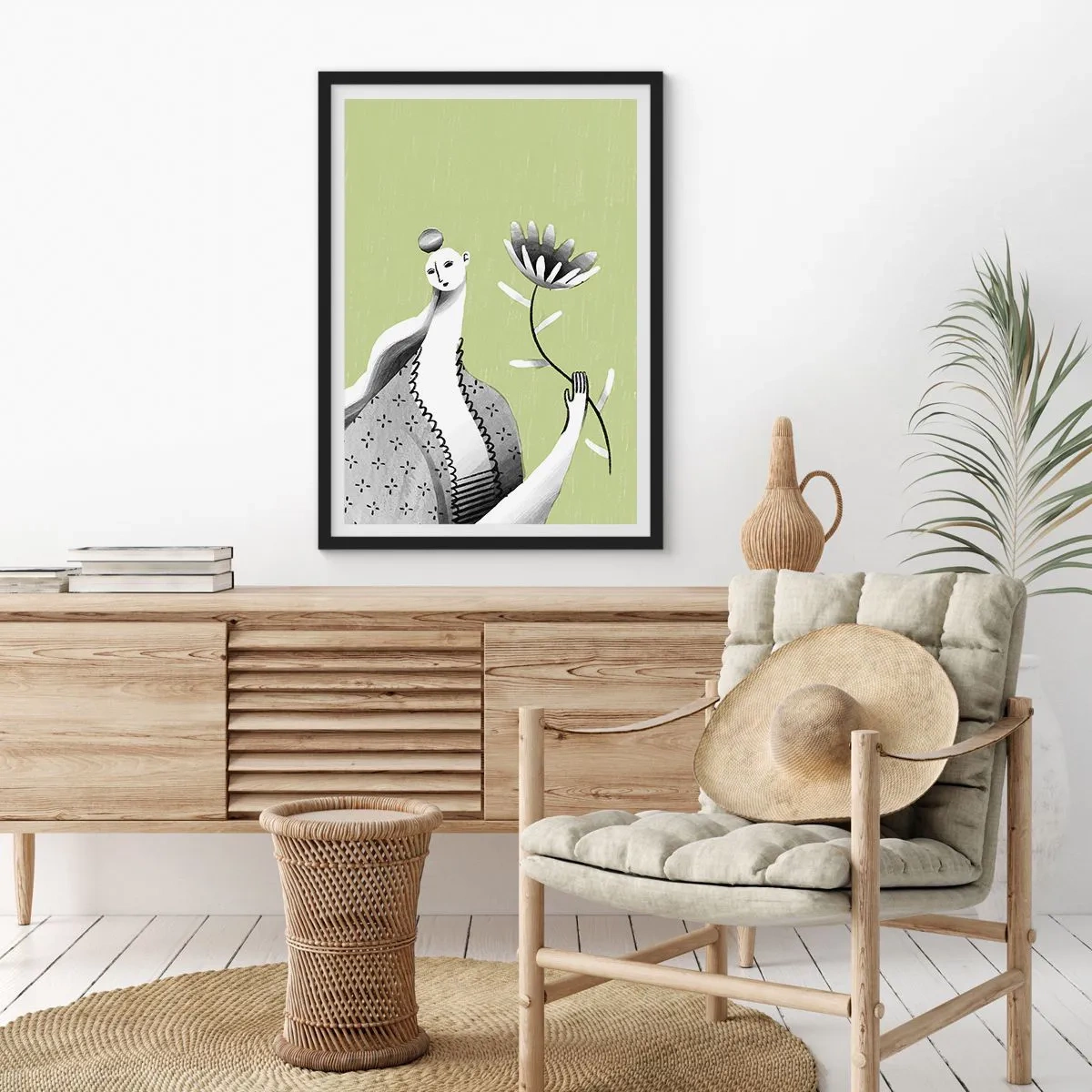Plakat i sort ramme - Minimalistisk kvinde, der holder en blomst på en grøn baggrund - 50x70cm - Modernistisk portræt - holder en blomst - Moderne vægdekoration til stue og soveværelse ARTTOR