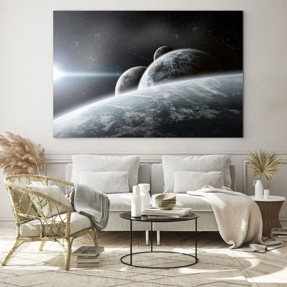Billede på glas - Planeter i det ydre rum med en lysstråle - 70x50cm - Sfærernes kosmiske musik - Moderne vægdekoration til stue og soveværelse ARTTOR