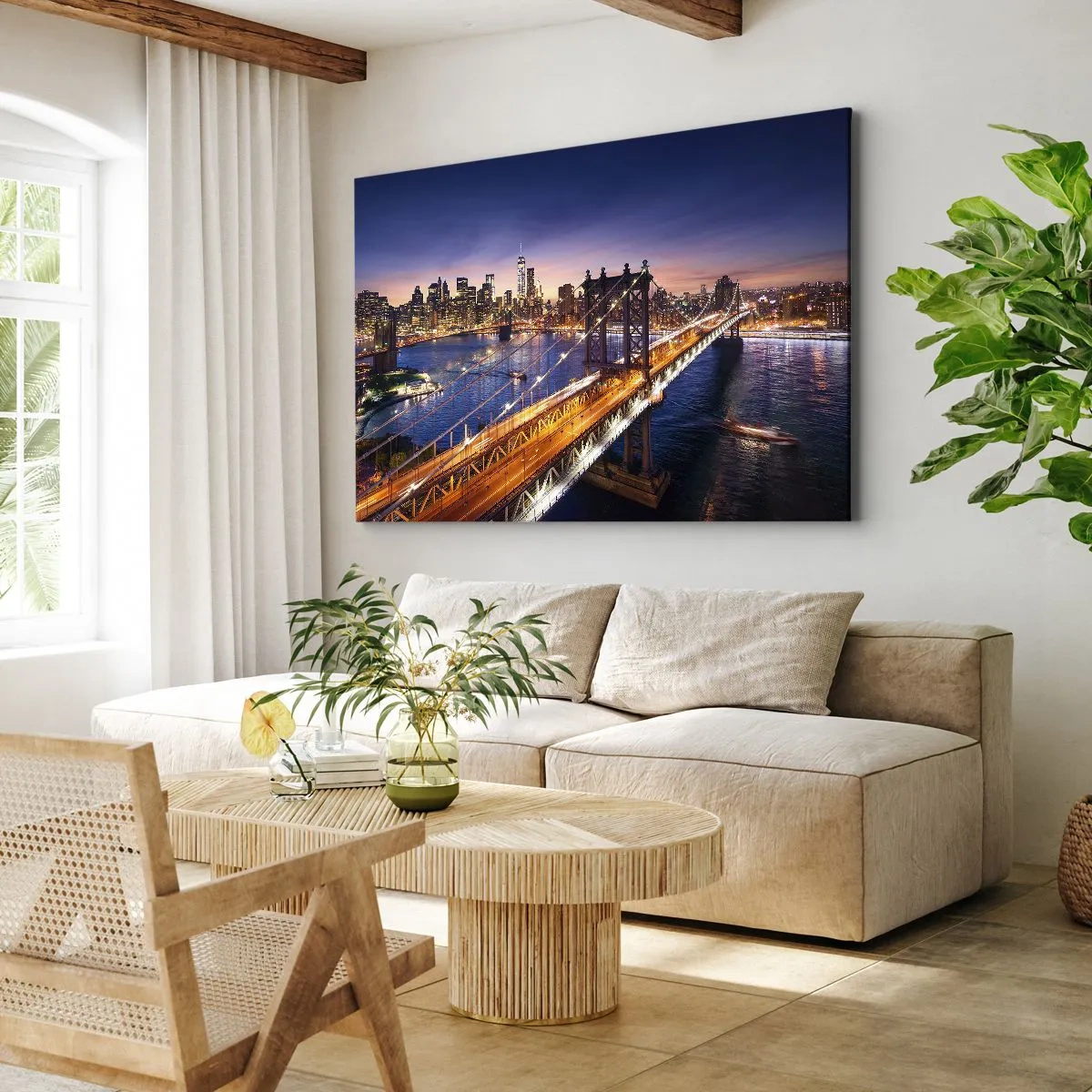 Lærredstryk - Billede på lærred - Broen og bypanoramaet ved solnedgang - 70x50cm - En lysende bro til hjertet af byen - Moderne vægdekoration til stue og soveværelse ARTTOR