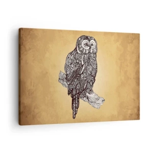 Lærredstryk - Billede på lærred - En ugle i ornamental stil på en beige baggrund - 70x50cm - Indviklede ornamenter af visdom - Moderne vægdekoration til stue og soveværelse ARTTOR