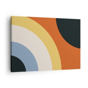 Lærredstryk - Billede på lærred - Abstrakt kunstværk med farverige buer og kontrasterende cirkler - 70x50cm - Over for hinanden - Moderne vægdekoration til stue og soveværelse ARTTOR