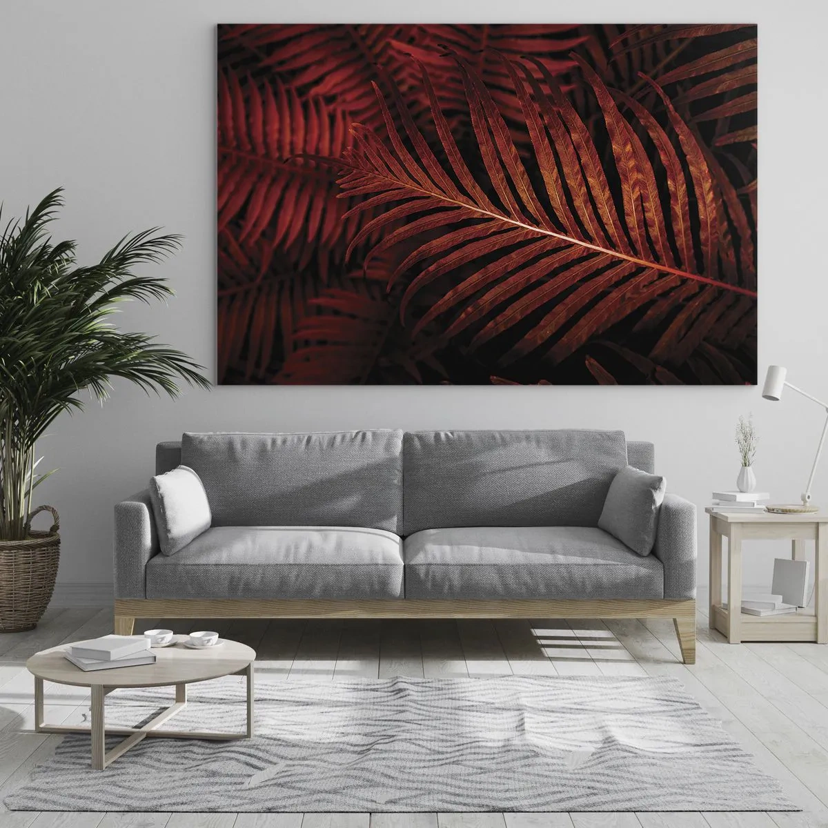 Billede på glas - Røde blade af en tropisk plante på en mørk baggrund - 70x50cm - Livets varme - Moderne vægdekoration til stue og soveværelse ARTTOR