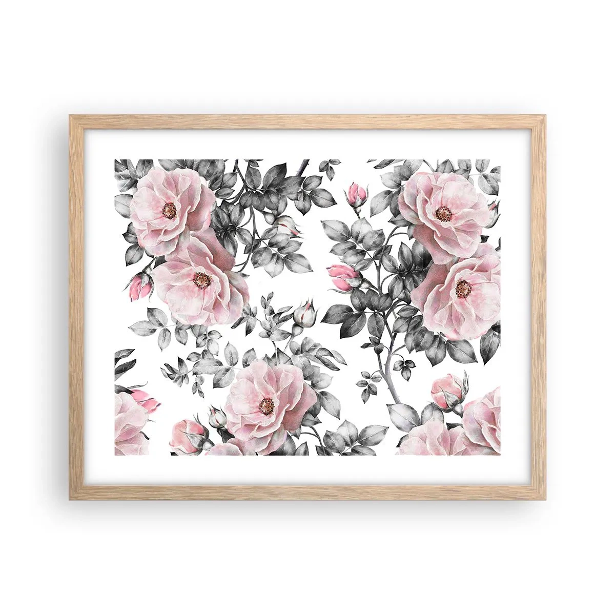 Plakat i ramme af lyst egetræ - Forsvind i rosenblomsterne - 50x40 cm