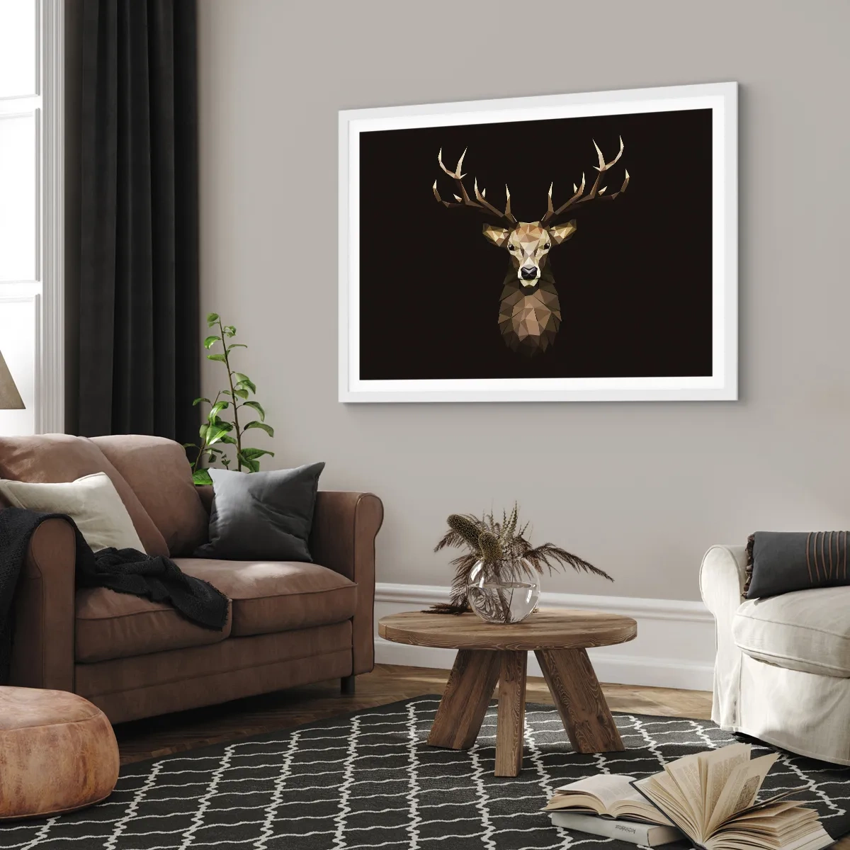 Plakat i hvid ramme - Kubistisk hjort - 91x61 cm