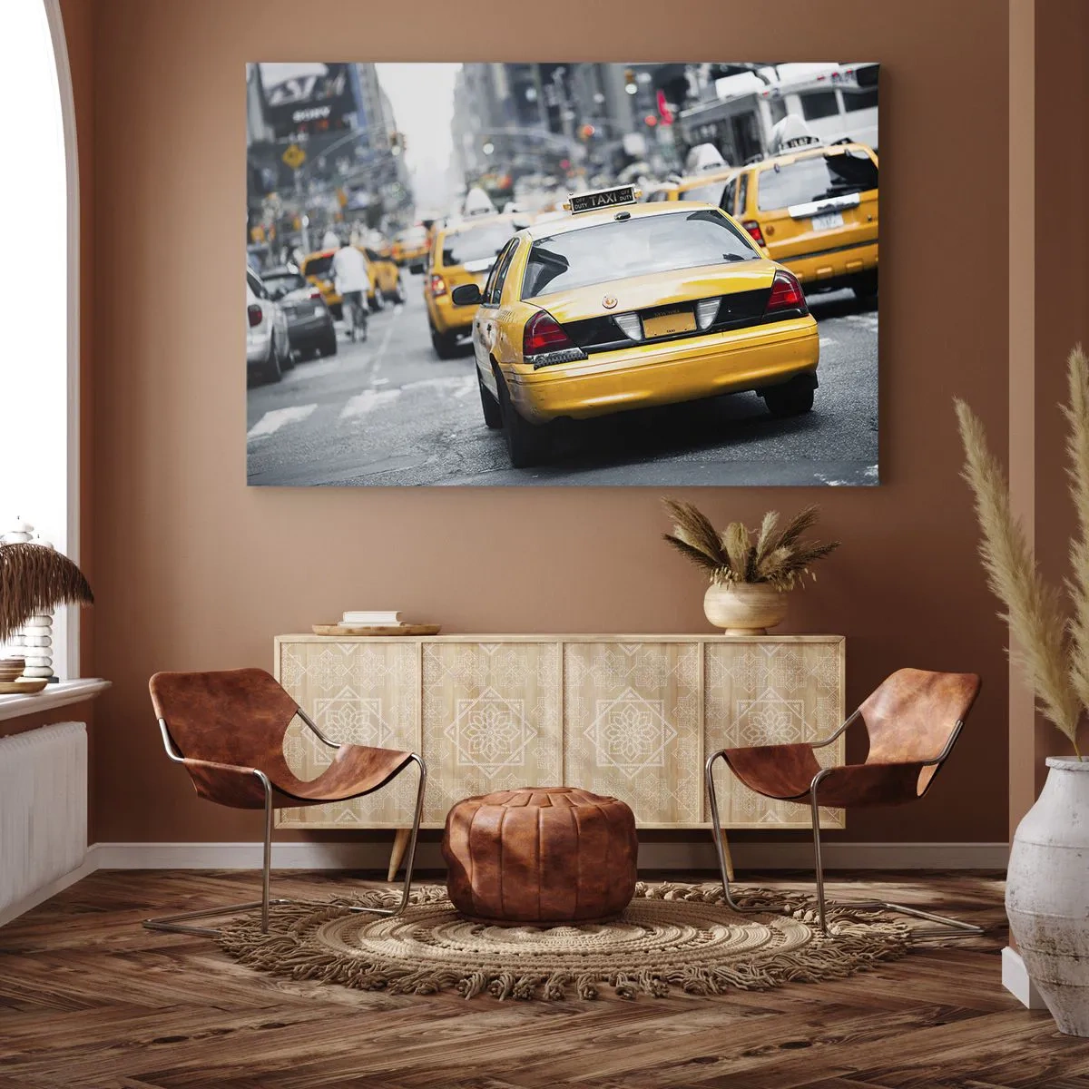 Lærredstryk - Billede på lærred - Gule taxaer på en travl gade i centrum af metropolen - 70x50cm - Kun i denne by - Moderne vægdekoration til stue og soveværelse ARTTOR