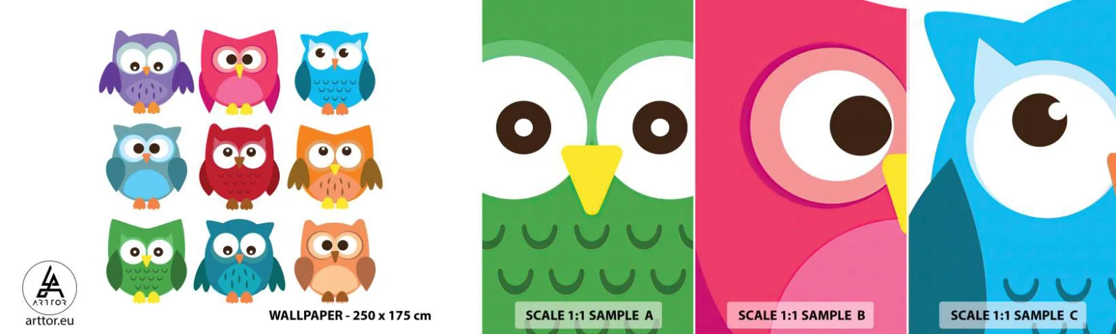 Fototapet Prøve Standard Eco - Forskelle kan være morsomme - For børn, Ugle, Grafik - 100x30 cm