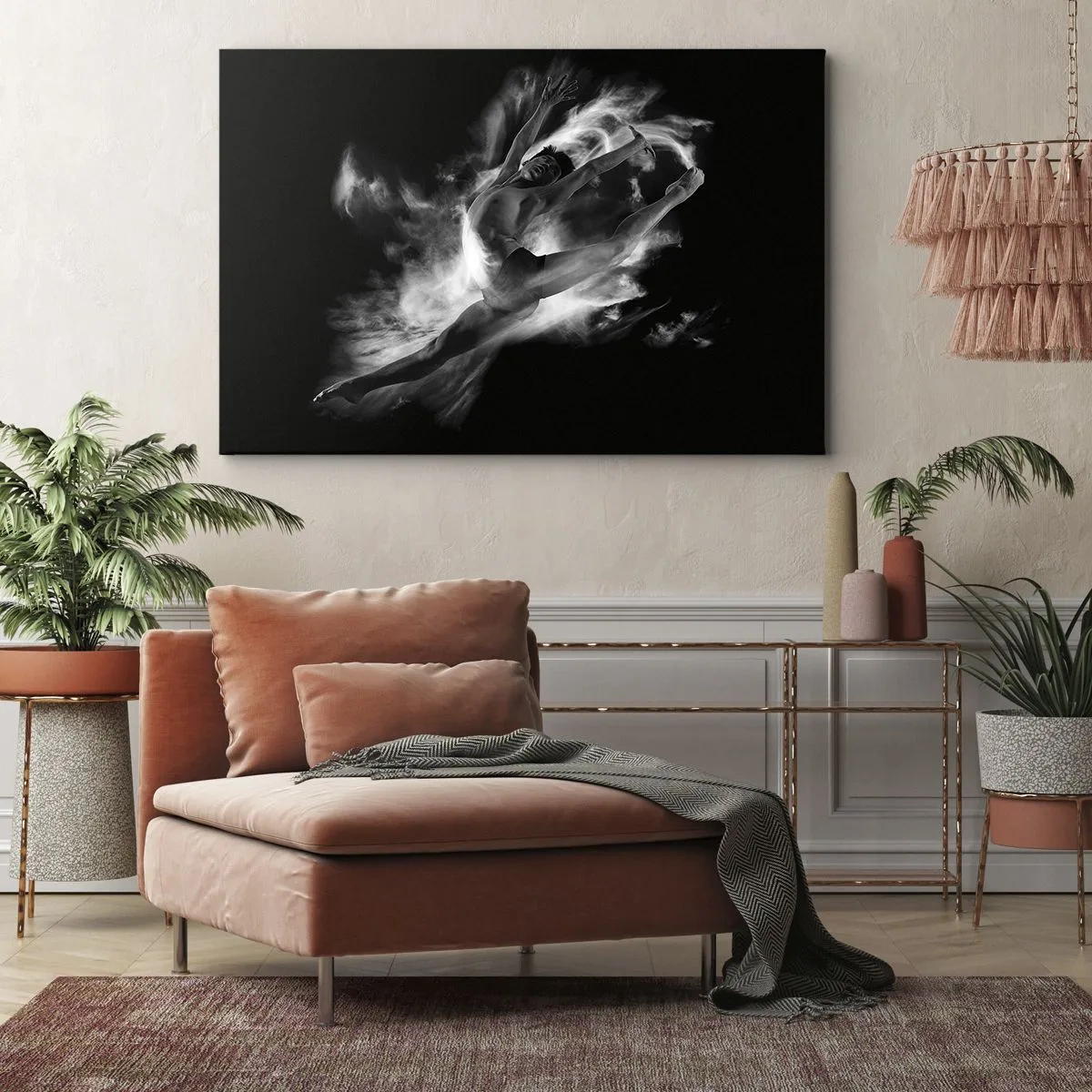 Lærredstryk - Billede på lærred - En danser i en dynamisk positur mod en sort baggrund - 70x50cm - Stoppet under flyvning - Moderne vægdekoration til stue og soveværelse ARTTOR
