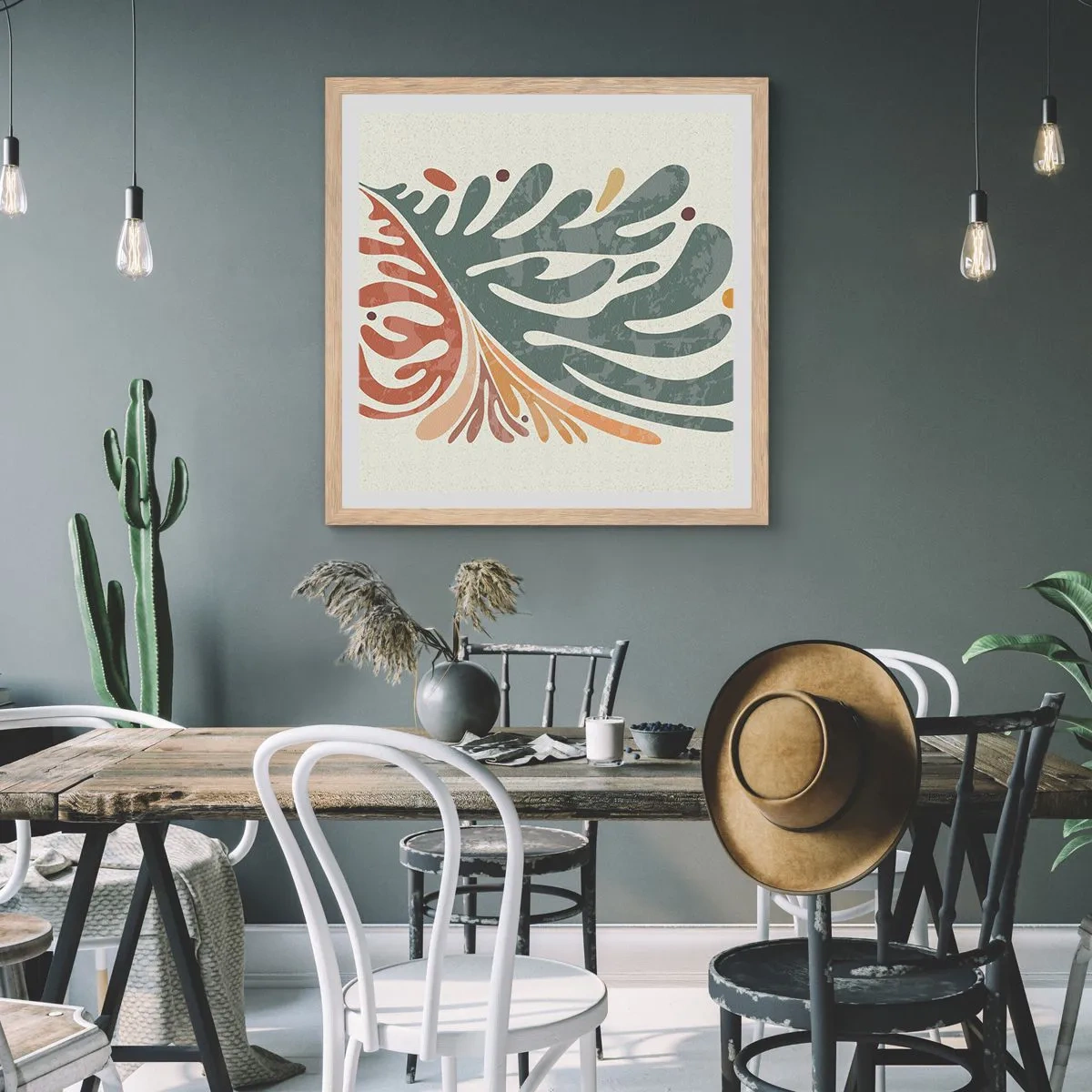 Plakat i ramme af lyst egetræ - Flerfarvet blad - 30x30 cm