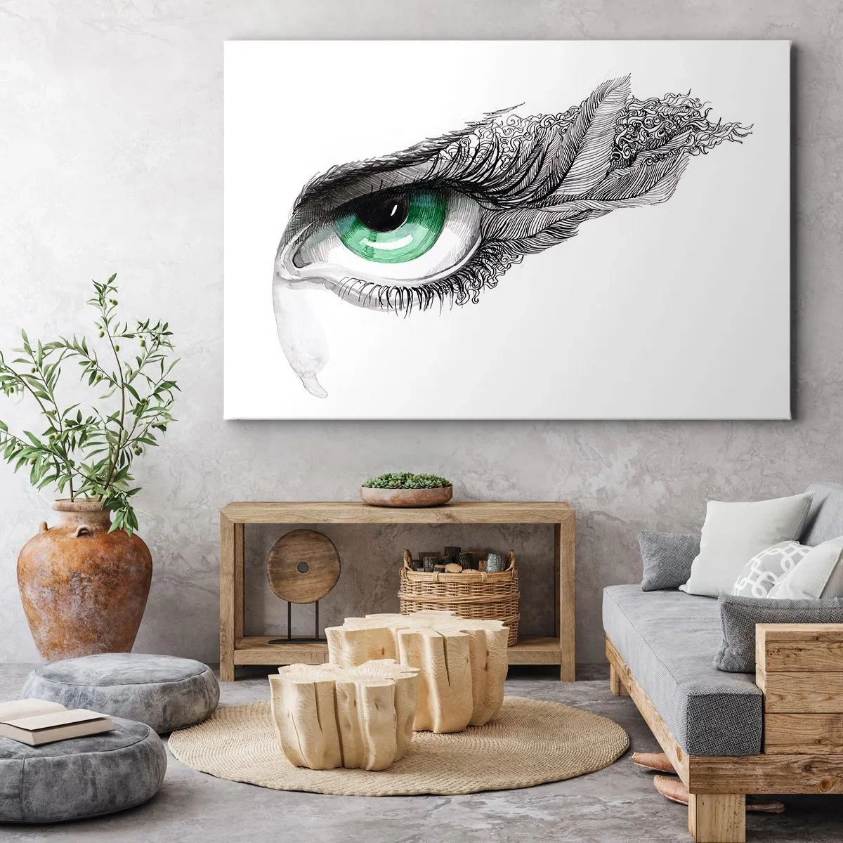 Lærredstryk - Billede på lærred - Kunstnerisk øje med grøn iris og tegningsdetaljer - 70x50cm - Smuk og klar til at angribe - Moderne vægdekoration til stue og soveværelse ARTTOR