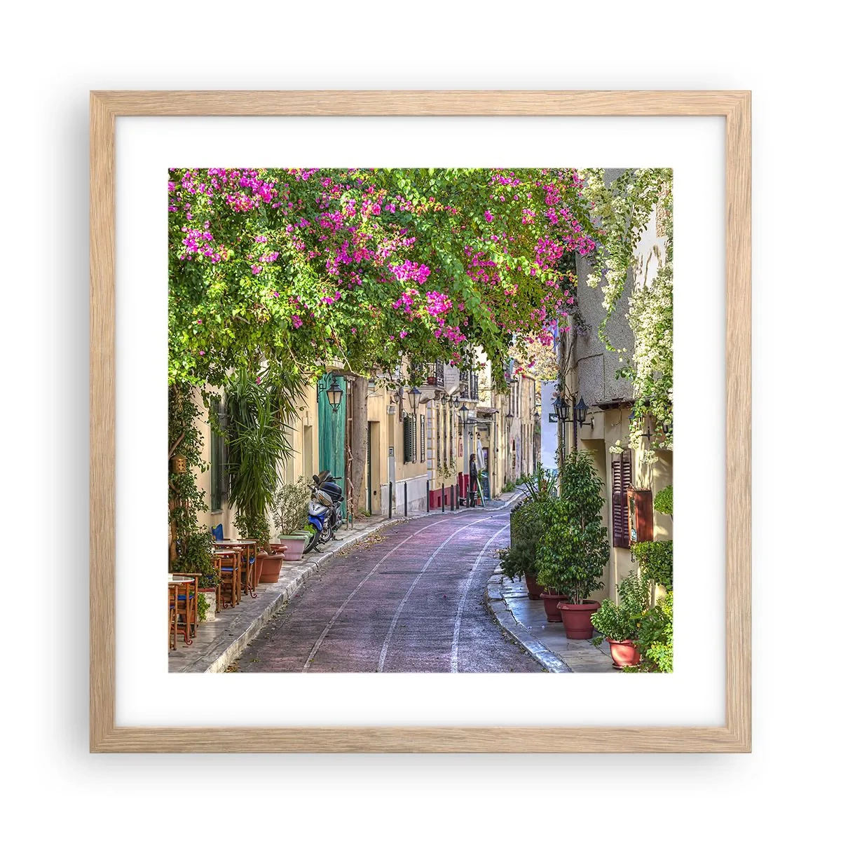 Plakat i ramme af lyst egetræ - En blomstrende gyde - 40x40 cm