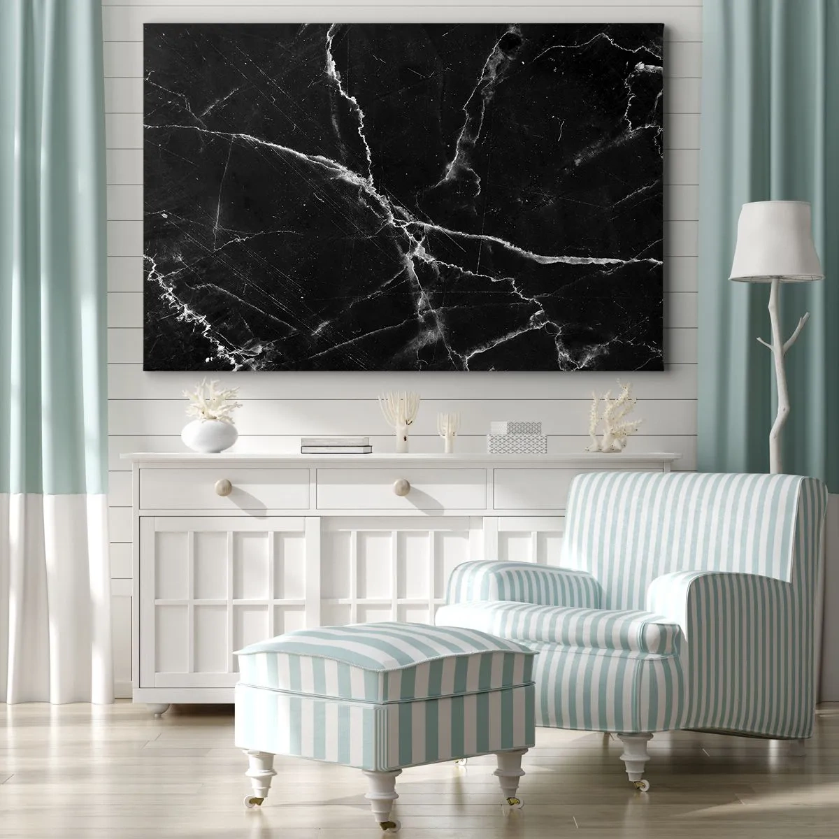 Lærredstryk - Billede på lærred - Sort marmor med hvide årer i detaljerne - 70x50cm - Stenens hemmelige liv - Moderne vægdekoration til stue og soveværelse ARTTOR