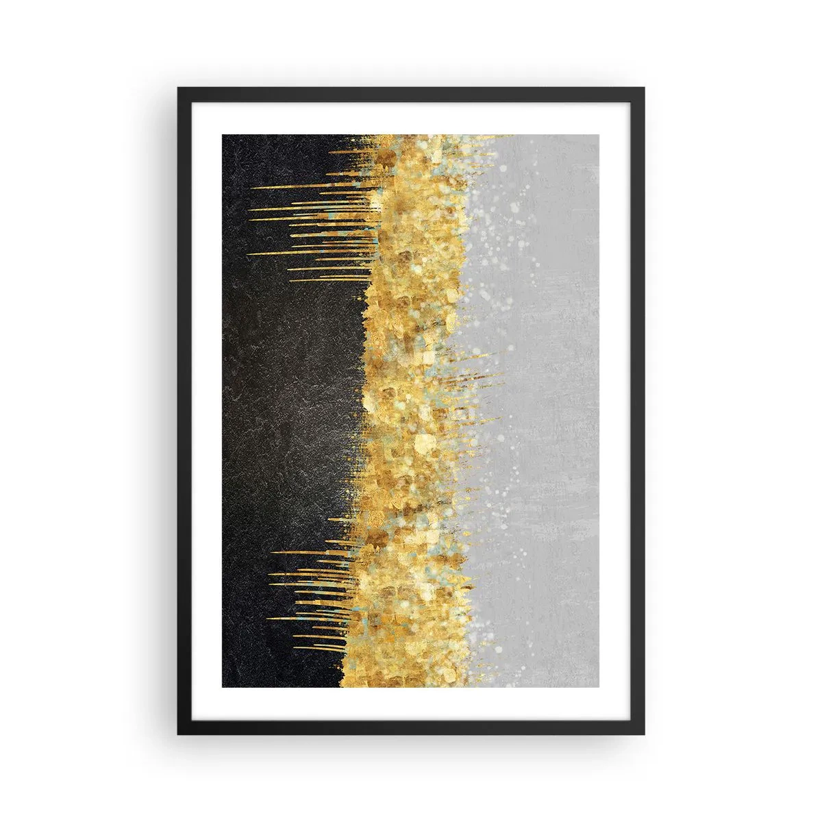 Plakat i sort ramme - Abstrakt komposition af guld, sort og sølv - 50x70cm - Indad og opad - Moderne vægdekoration til stue og soveværelse ARTTOR