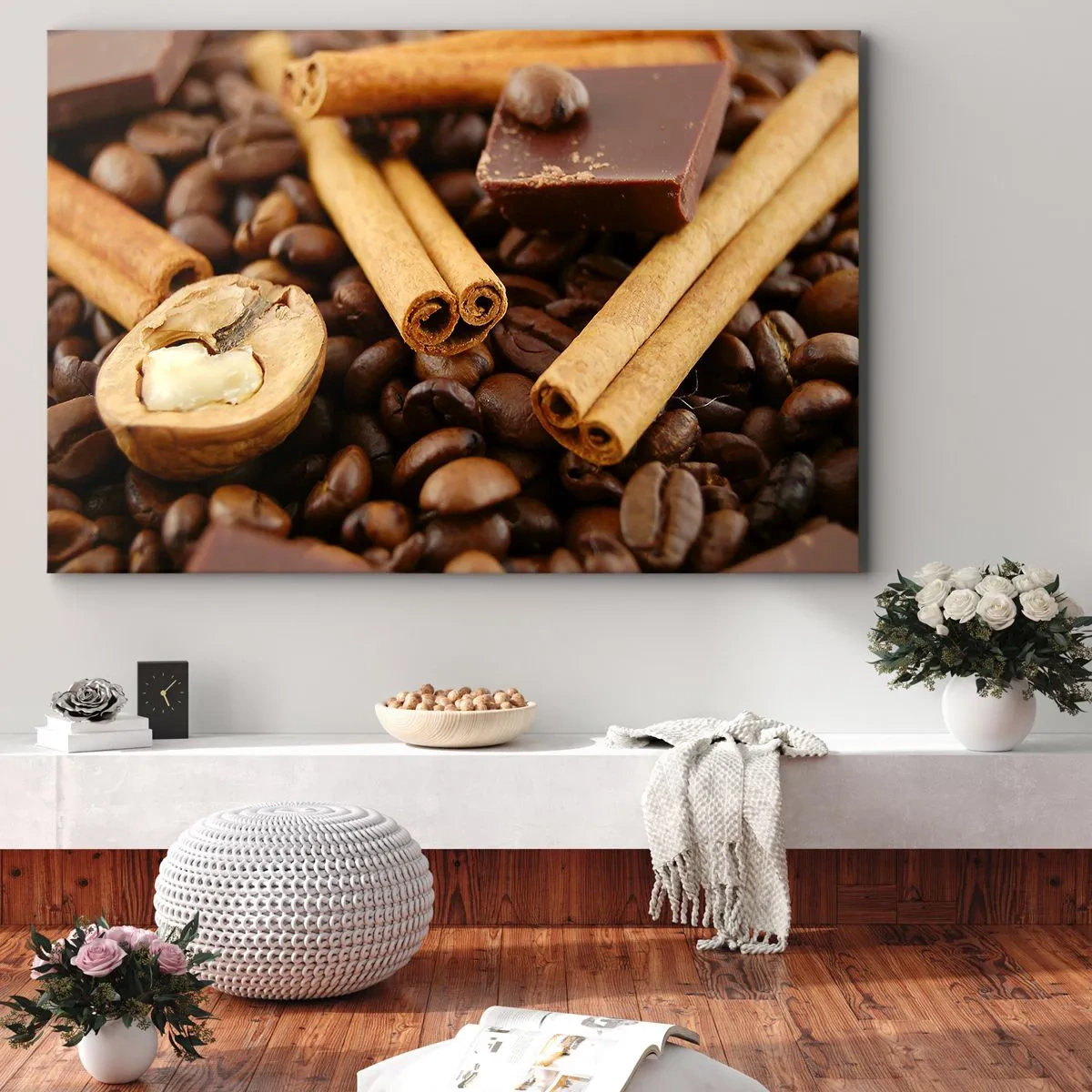 Lærredstryk - Billede på lærred - Kaffebønner med kanelstænger, chokolade og valnødder. - 70x50cm - Koncert af smagsoplevelser - Moderne vægdekoration til stue og soveværelse ARTTOR
