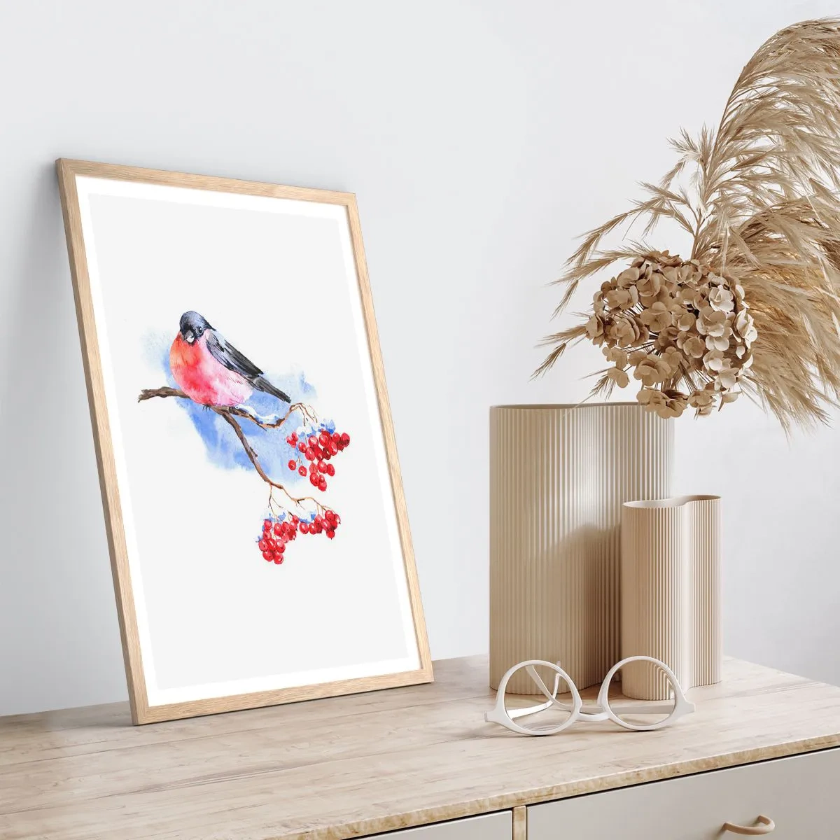 Plakat i ramme af lyst egetræ - Vinter i farver - 70x100 cm