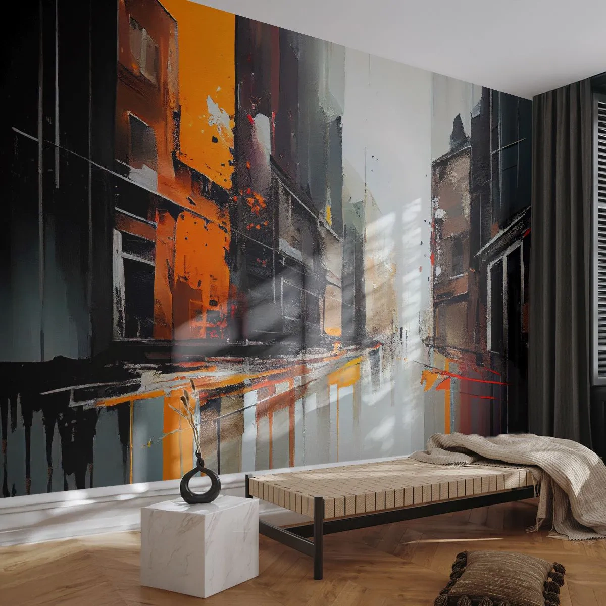 Fototapet Selvklæbende Deluxe Sticker - Regnfuld dag - Arkitektur, Moderne kunst, By - 100x70 cm