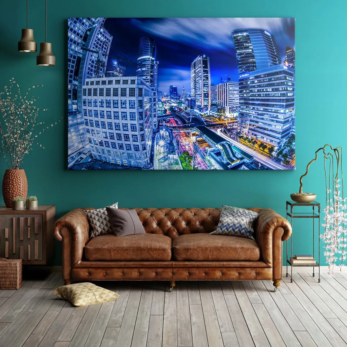 Lærredstryk - Billede på lærred - Natbypanorama med skyskrabere og gadelygter - 70x50cm - Nattens rytmer i byen - Moderne vægdekoration til stue og soveværelse ARTTOR