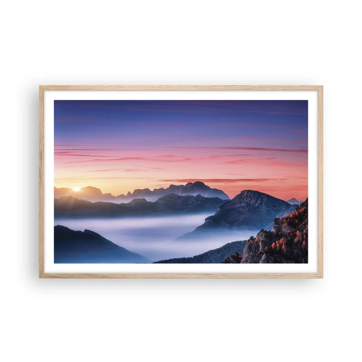 Plakat i ramme af lyst egetræ - Over dalene - 91x61 cm