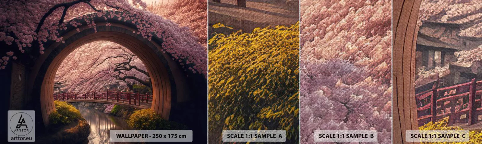Prøve Fototapet Premium Canvas - Japansk forår - Bro, Japan, Japansk kirsebær - 100x30 cm