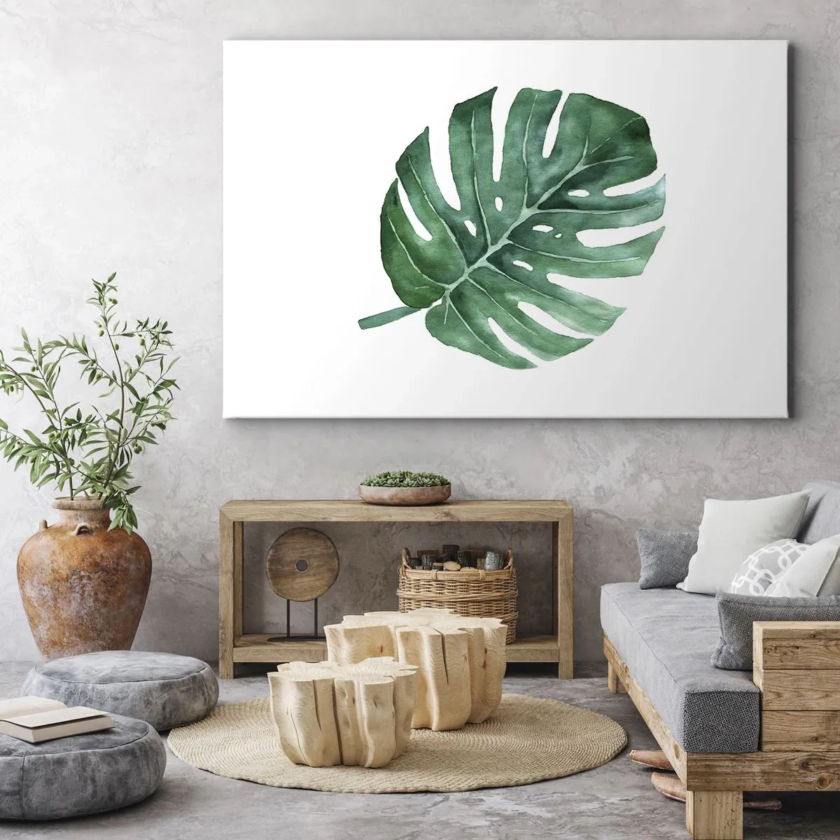 Lærredstryk - Billede på lærred - Grønt monsterablad i minimalistisk stil - 70x50cm - Grønt koncept - Moderne vægdekoration til stue og soveværelse ARTTOR