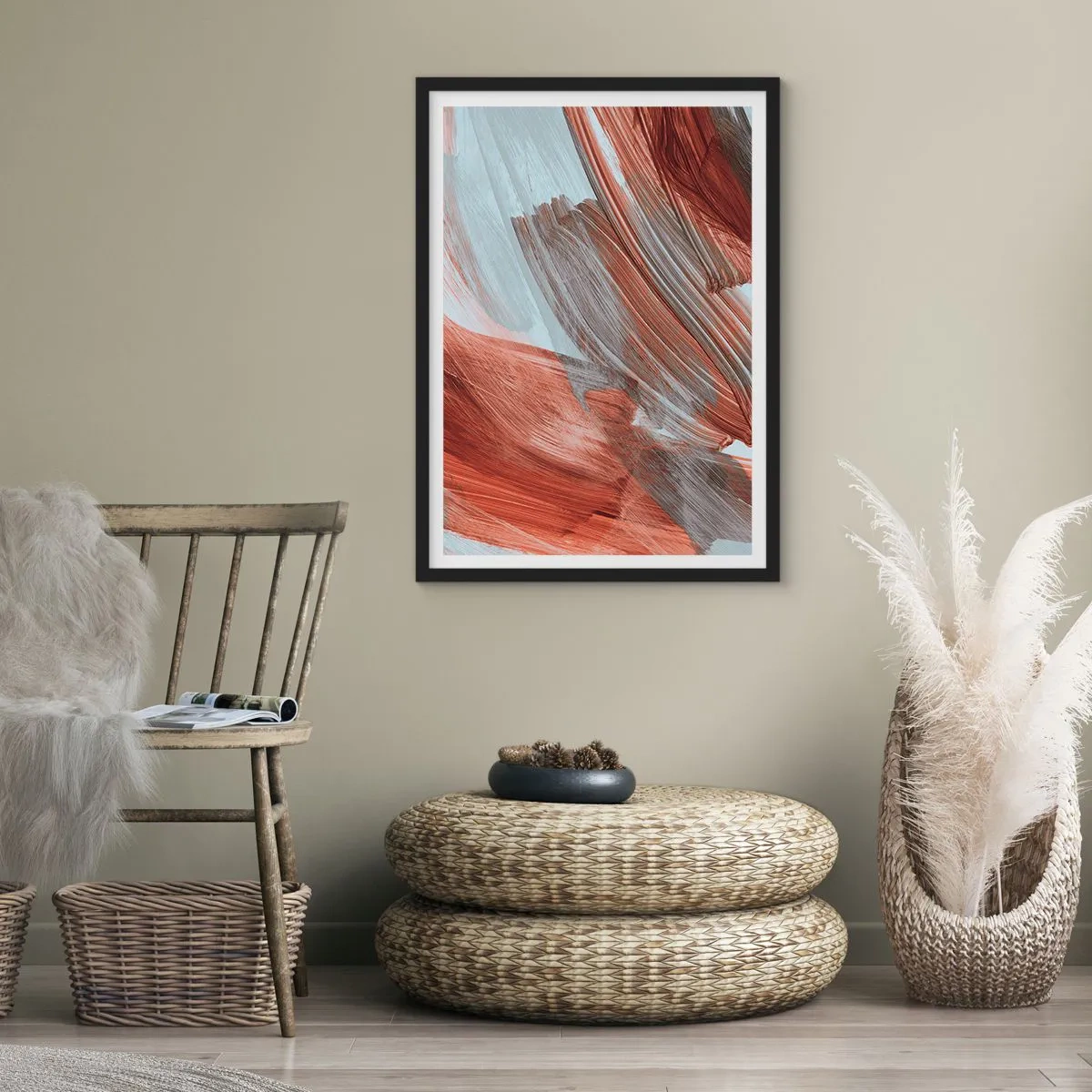 Plakat i sort ramme - Dynamiske penselstrøg i varme toner - 50x70cm - Efterårsagtig og blæsende abstraktion - Moderne vægdekoration til stue og soveværelse ARTTOR