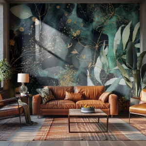 Fototapet Standard Eco - Grønne blade og gulddetaljer på en mørk, glamourøs baggrund - 100x70cm - Fortryllet have - Moderne vægdekoration til stue og soveværelse ARTTOR