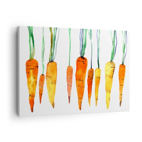 Lærredstryk - Billede på lærred - Akvarelgulerødder i forskellige nuancer på en hvid baggrund - 70x50cm - Skønheden ved det almindelige - Moderne vægdekoration til stue og soveværelse ARTTOR