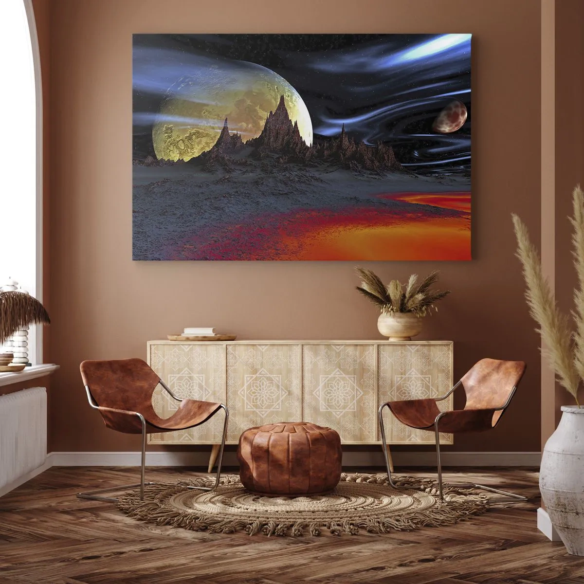 Lærredstryk - Billede på lærred - Et fantastisk landskab med planeter og vulkansk landskab - 70x50cm - En ukendt verden - Moderne vægdekoration til stue og soveværelse ARTTOR