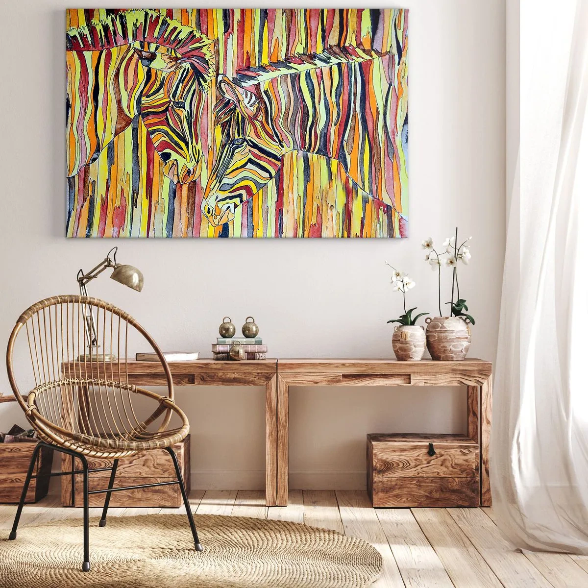 Lærredstryk - Billede på lærred - Farverige zebraer mod en baggrund af abstrakte striber - 70x50cm - Så du også... - Moderne vægdekoration til stue og soveværelse ARTTOR