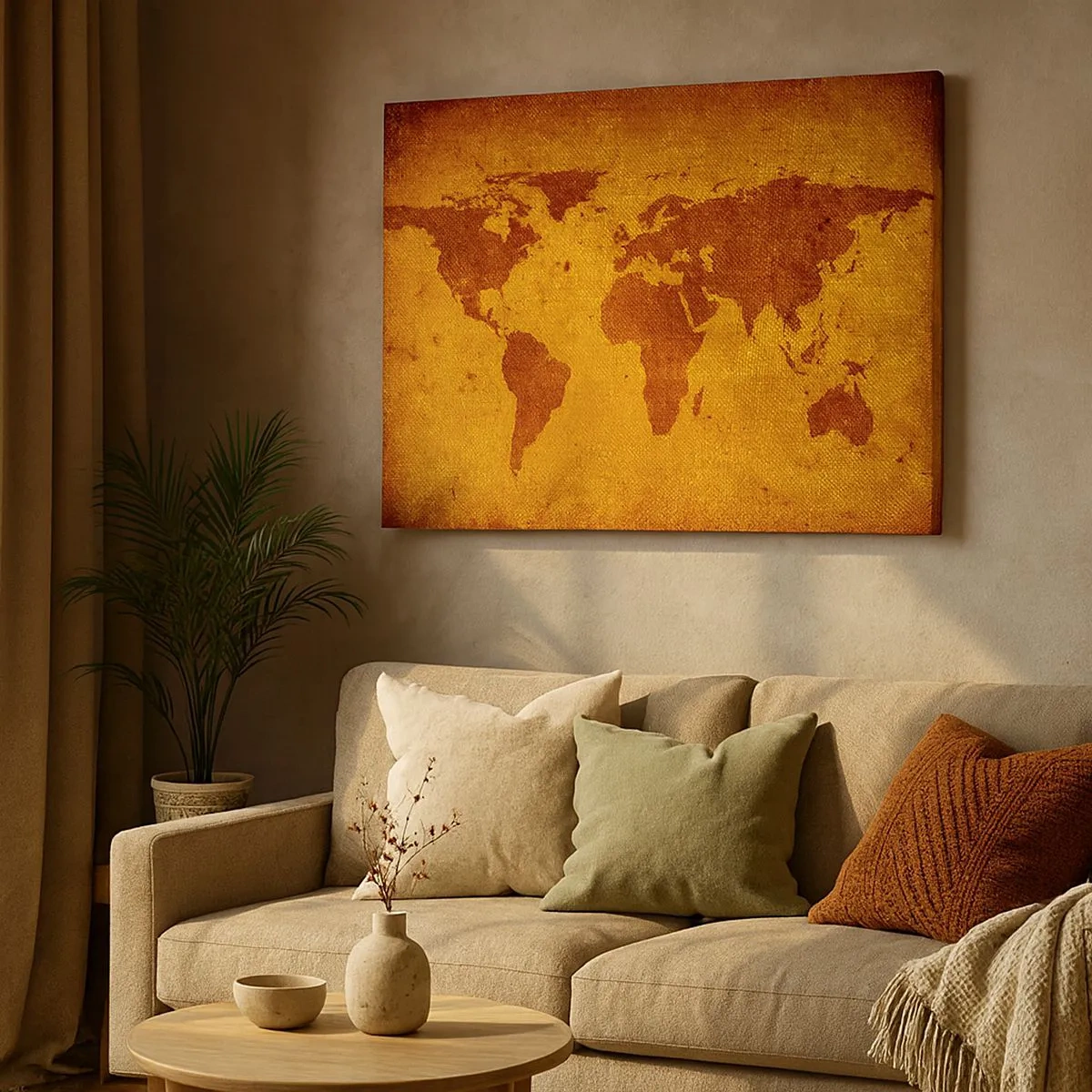 Lærredstryk - Billede på lærred - Vintage verdenskort på en brun og gylden baggrund. - 70x50cm - Invitation til en rejse - Moderne vægdekoration til stue og soveværelse ARTTOR