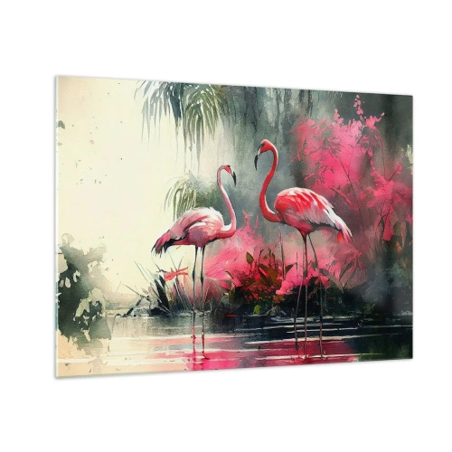 Billede på glas - To flamingoer i tropiske omgivelser ved vandet - 70x50cm - En lektion i naturlig charme - Moderne vægdekoration til stue og soveværelse ARTTOR