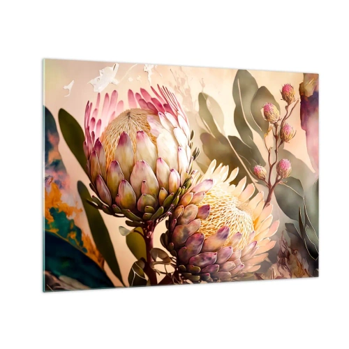 Billede på glas - Proteablomster i varme toner og blødt lys - 70x50cm - Ømt omfavnet - Moderne vægdekoration til stue og soveværelse ARTTOR