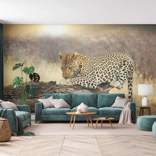 Fototapet Standard Eco - En leopard hviler på et væltet træ i savannen - 100x70cm - Jeg går min egen vej - Moderne vægdekoration til stue og soveværelse ARTTOR