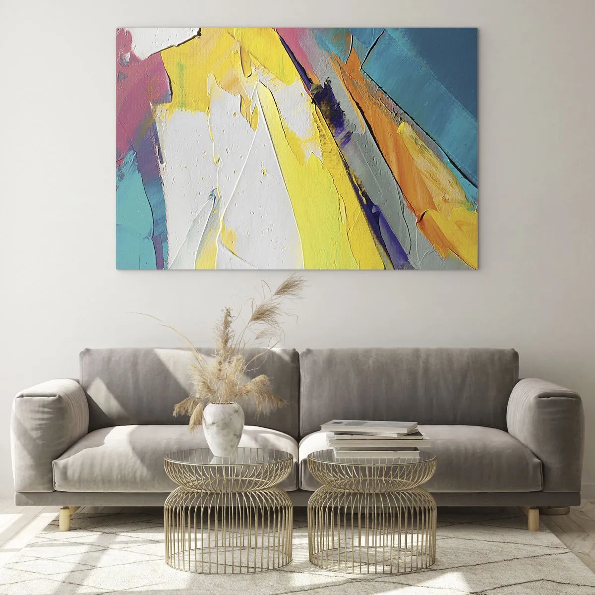 Billede på glas - Abstrakte penselstrøg i gul, blå og hvid - 70x50cm - Lysets anatomi - Moderne vægdekoration til stue og soveværelse ARTTOR