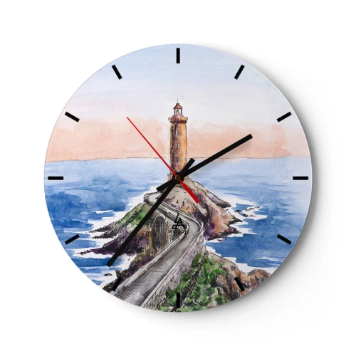 Vægur, Uret - Et fyrtårn på et forbjerg i akvarelstil - 30x30cm - Med front mod havet - Moderne vægdekoration til stue, køkken og soveværelse ARTTOR